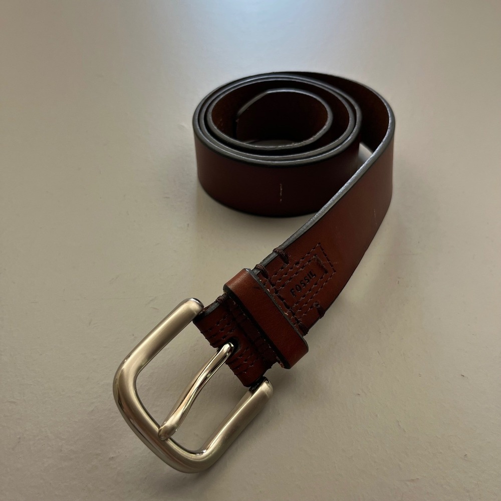 Fossil Leather Belt Mens 38 Brown MB582020038 Casual Dress Silver Buckle